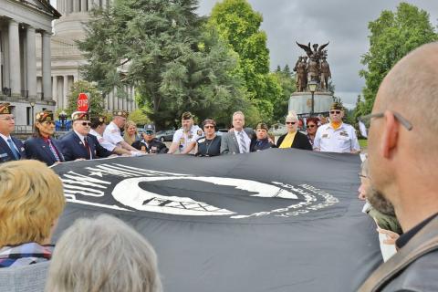 POWMIA flag in front of the Winged Victory monument