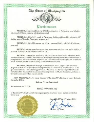 PROCLAMATION - Suicide Prevention Month and Suicide Prevention Day