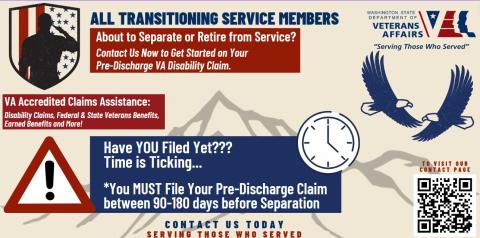 Transitioning service members - Contact Us Now to Get Started on Your  Pre-Discharge VA Disability Claim.  You MUST File Your Pre-Discharge Claim between 90-180 days before Separation